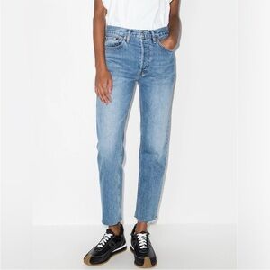 Re/Done Stove Pipe Cropped Jeans Light Wash Raw Hem Size 26 Mid 90s Button Fly